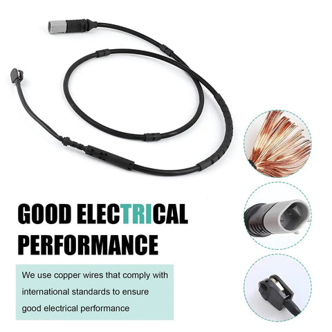 Front view of BMW brake pad wear sensor cable, black, with OEM connector and copper conductor close-up