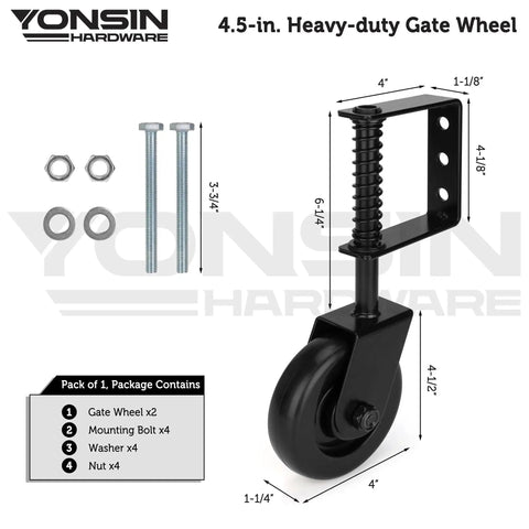 Heavy Duty Spring Loaded Gate Caster With Bearing And 360 Degree Swivel For Wooden Gates Fences And Metal Tube Gates Anti Sag Drag Gate Wheel Kit 200 Lb Capacity Per Pair Durable Black Construction Includes 2 Pcs dimensions and parts