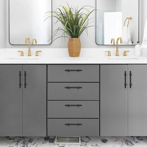 Matte Black Cabinet Pulls 30 Pack Stainless Steel 3 Inch Center To Center Drawer Handles installed on grey bathroom cabinets