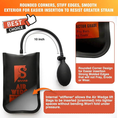 Heavy Duty Air Wedge Shim Kit With Three Sizes, Inflatable Air Bag Wedge with 10 inch hose for vehicle lifting.