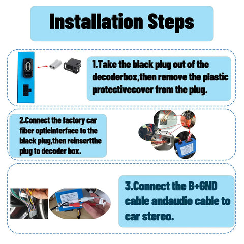 LEXXSON optic fiber decoder installation steps diagram with blue box and connectors for Mercedes-Benz, BMW, Audi, VW.