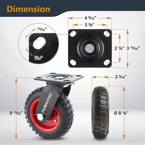 8 Inch Caster Wheels Set Of 4 With 2 Swivel And 2 Fixed Heavy Duty Casters Rubber Knobby Tread All Terrain with dimensions