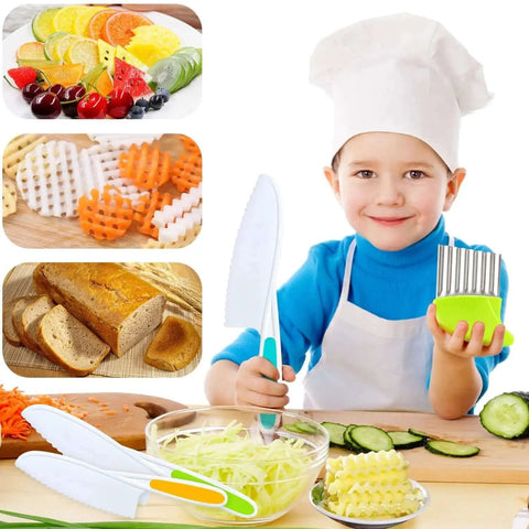 Child using Kids Kitchen Knife Set With Crinkle Cutter Four Pack Kid Friendly Plastic Toddler Knives for safe cooking activities.