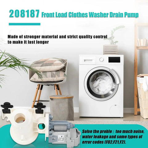 Front-load washer drain pump assembly in white plastic with gray motor housing; compatible with Whirlpool/Maytag/Kenmore