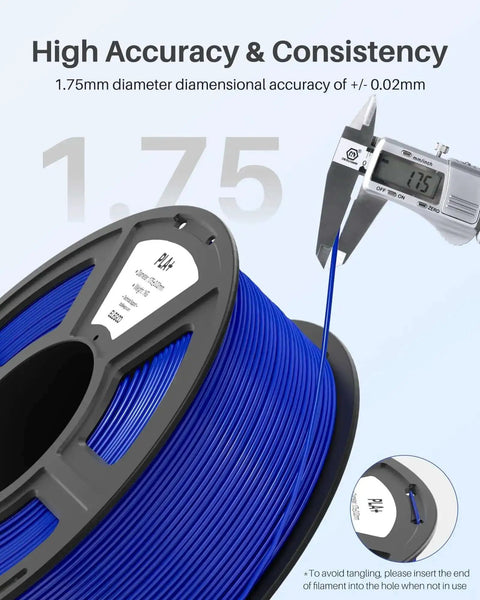 Close-up of blue filament in spool with caliper showing 1.75mm, emphasizing high accuracy for PLA Plus Filament 1.75mm White 2kg Dual Spool Pack.