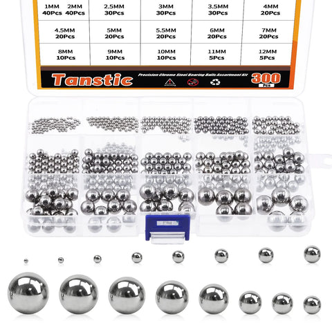 Tanstic bearing steel balls set, 330-piece metric precision kit in a clear plastic case with chrome finish, 16 sizes.