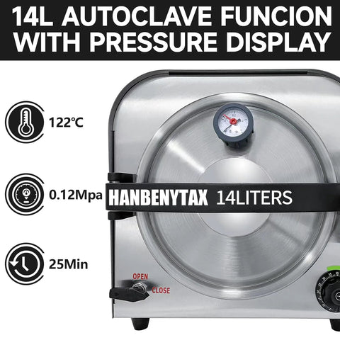HANBENYTAX 14L stainless steel autoclave sterilizer with pressure display
