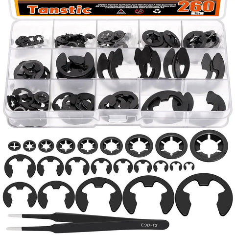 Front view of 260-piece Tanstic lock washer kit with internal-tooth star washers, E-clips, and tweezers in clear case
