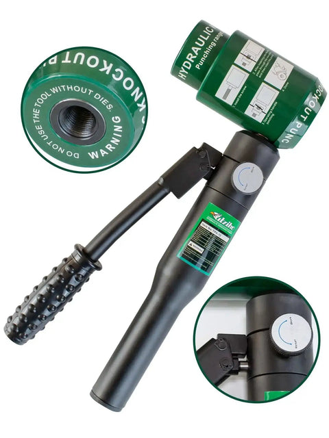 12 Ton Hydraulic Knockout Punch Kit For Electrical Conduit, tool close-up with handle and dies, Heavy Duty KO Tool Set shown