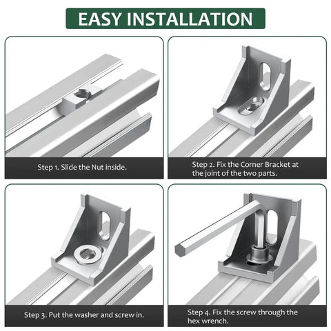 Installation steps for 10 Pack 4040 Aluminum Extrusion Corner Brackets And 4080 Profile Connectors Kit with 40 M8 T Slot Nuts and Hex Screws