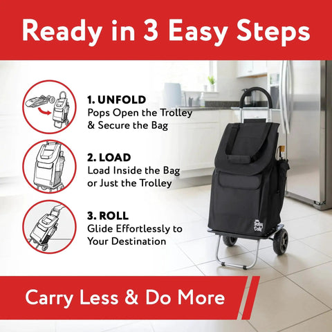 Bigger Trolley Dolly Foldable Black Shopping Cart For Grocery And Light Haul, shown with step-by-step usage instructions.