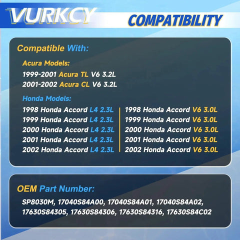Compatibility chart for Electric Fuel Pump Assembly With Sending Unit For Acura CL 2001 2002 V6 3.2L And Acura TL 1999 2001 V6 3.2L And Honda Accord 1998 2002