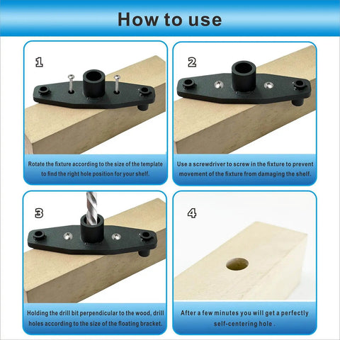 Instruction steps for using dowel jig kit for floating shelves and invisible brackets, showing self centering drill guide setup.