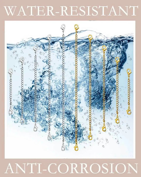 10 Piece Necklace Extender Set With 5 Lengths 2 3 4 5 6 Inches In Gold And Silver Plated Stainless Steel displayed underwater