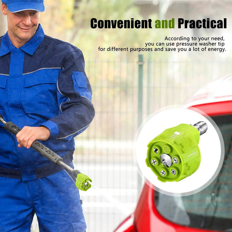 Man using 2 Pack Six In One Pressure Washer Nozzles With Quarter Inch Quick Changeover And Adjustable Plug Connect Up To 4000 PSI Six Spray Patterns For Cars Decks Siding Concrete And A Must Have Heavy Duty Outdoor Cleaning Gear on a red car