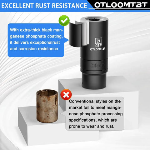 Heavy Duty 32 Piece One Half Inch Drive Impact Socket Set With Deep Sockets Metric And SAE With Extension Bar Cr V Steel Rust Resistant Coating Pro Grade Tough Build And Premium Storage Case demonstrating rust resistance with Cr-V steel and phosphate coating.