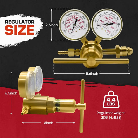 High Pressure Nitrogen Regulator With 2.5 Inch Gauges CGA 580, single stage, front and side view with dimensions and weight.