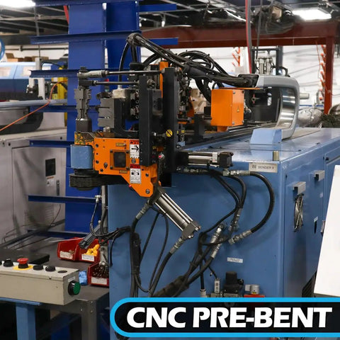 Automotive hose-bending CNC machine with orange control modules on a blue frame