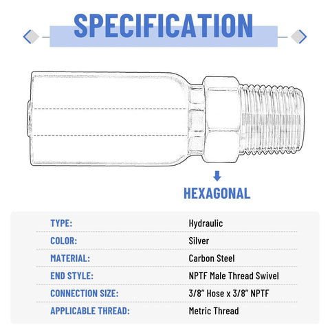 Racewill hydraulic hose fitting, 3/8 in ID x 3/8 in NPTF male, silver carbon steel with hex end