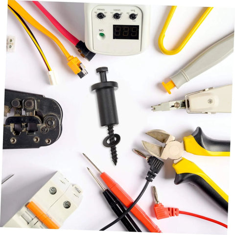 Assorted electrical tools and connectors including pliers, multimeter, and insulated cables on a white background.