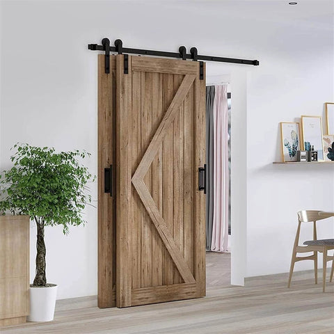 Heavy Duty Bypass Barn Door Hardware Kit With One Track And Mute Rollers installed on wooden double doors in living room
