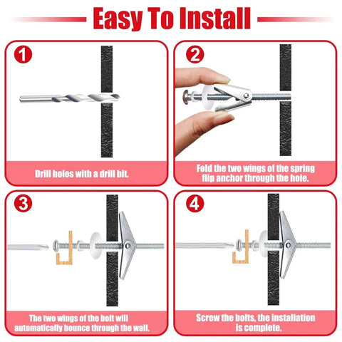 Installation steps for Heavy Duty Drywall Toggle Bolts Kit With 100 Pieces Hollow Wall Anchors And Screws In Three Sizes