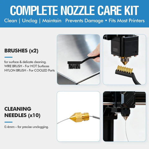 Image showing a nozzle care kit with brushes and cleaning needles for 3D printers. Essential for maintenance and debris removal.