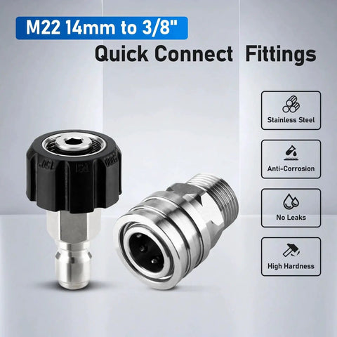 Stainless Steel Pressure Washer Quick Connect Adapter Kit Set M22 14mm To 3/8 Inch Swivel Fittings displayed.