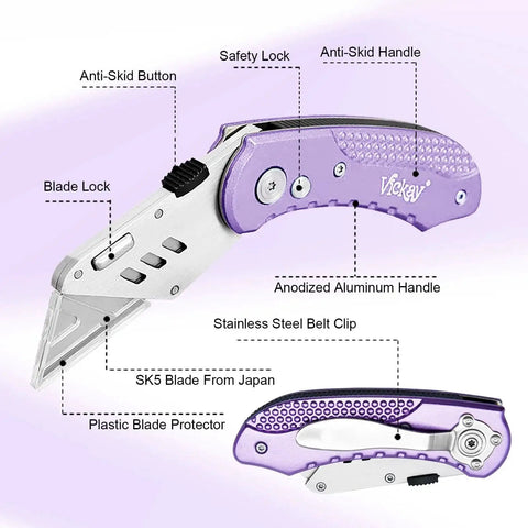 Folding Utility Knife With Quick Change SK5 Blades Axis Lock Aluminum Handle, showing anodized purple finish and labeled features
