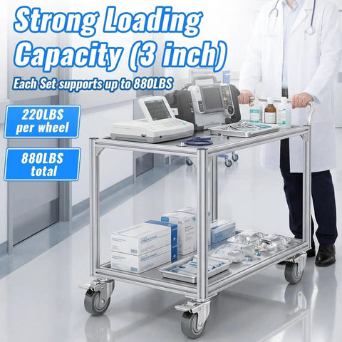 Hospital cart with medical equipment using 3 Inch Swivel Caster Wheels Set Of 4 With Grey PU Wheels 360 Degree Rotation Heavy Duty