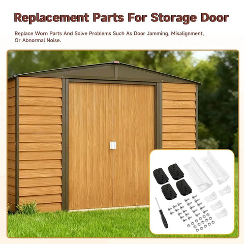 Door Tune-Up Kit For Arrow Shed Sliding Doors Full Replacement Set With 4 Lower Door Guides image, showing parts and screws.