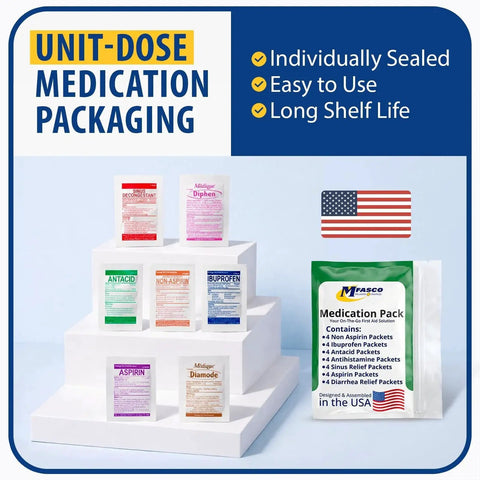 Unit-dose packets of 7 In 1 Travel Size Medicine Kit TSA Approved For On The Go Essentials with 28 Unit Dose OTC Packets displayed with USA flag