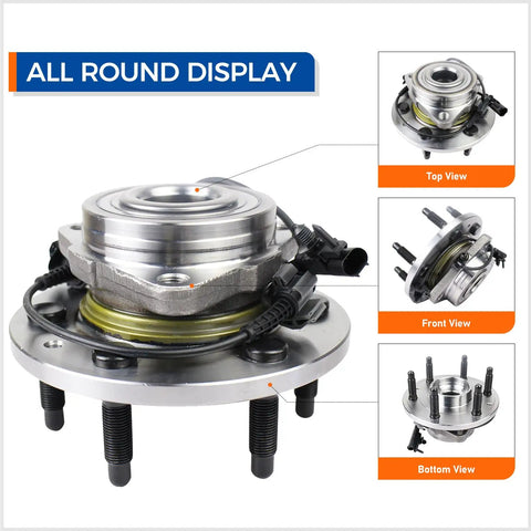 Pair Front Wheel Hub Bearing Assembly for 2007 to 2014 Cadillac Escalade ESV Suburban 1500 Tahoe Yukon XL 1500 and 2007 to 2013 EXT Chevy Avalanche Silverado 1500 GMC Sierra 1500 Fits Multiple GM Trucks and SUVs, all-round display showing top, front, and bottom views.