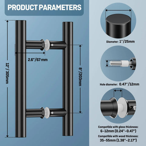Diagram of Beefy Stainless Steel Back To Back Shower Door Handle For Glass And Barn Doors 12 Inch Length Double Sided Push Pull dimensions
