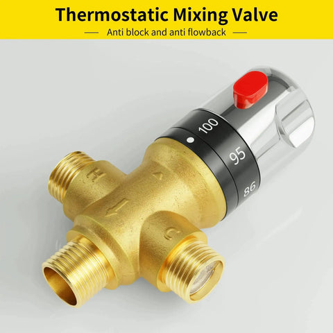 Thermostatic Mixing Valve Half Inch NPT Solid Brass Temperature Control with red button and adjustable thermostat