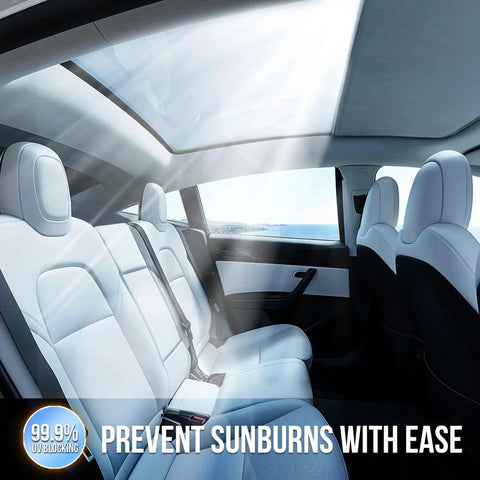 Model Y Glass Roof Sunshade With Magnetic Foldable UV Block For Cooling installed on car roof interior view