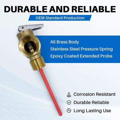 1/2-inch NPT RV water heater relief valve, brass body with extended red probe for Atwood/Dometic tanks.