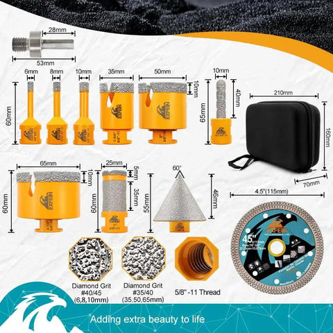 All In One Diamond Tile Hole Saw Kit For Porcelain Marble With 12 Piece Core Drill Bit Set Including 6/8/10/25/35/50/65mm Bits