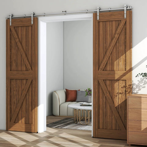 8Ft Stainless Steel Sliding Barn Door Hardware Kit With Heavy Duty Track And Silent Glide, Easy Install For 24 Inch Wide Double Wooden Doors, I Shaped Hangers, Rust Resistant Rails And No Squeak Quiet Operation installed with wooden doors