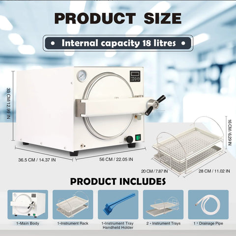 18L lab autoclave with circular door, LED display, 110V, 1100W; includes instrument rack and trays