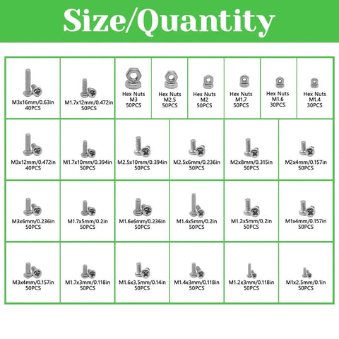 Stainless Steel Micro Screws And Nuts Kit 1240Pcs Metric M1 To M3 Assortment With Phillips Pan Head, size and quantity chart shown