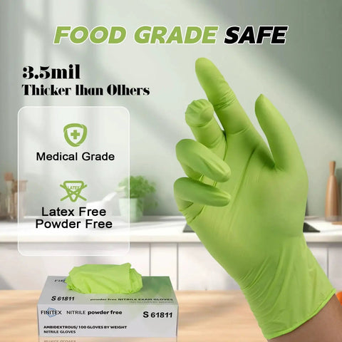 Hand wearing Nitrile Disposable Gloves Powder Free Latex Free 3.5Mil Food Green Small 100pcs, box in foreground