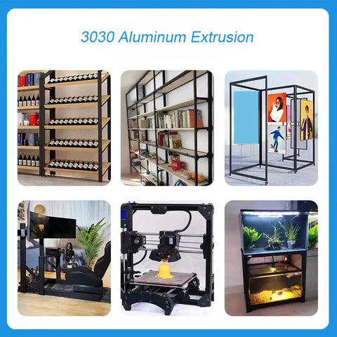 Various applications of T Slot Aluminum Extrusion 3030 Black Set Of 4 1000mm Rails for 3D printers, CNC, and maker projects.