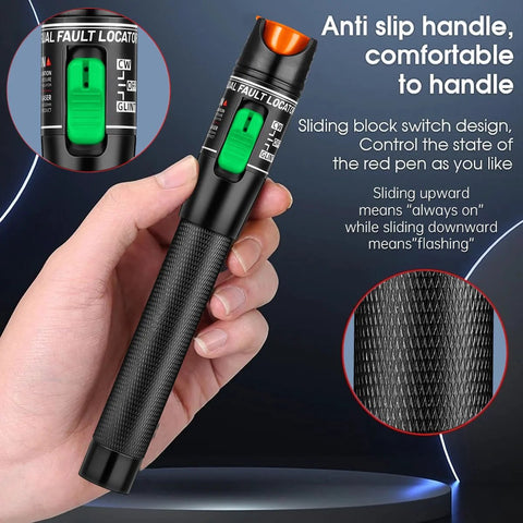 Moocci fiber optic visual fault locator tester, handheld black body with knurled grip and green slide switch.