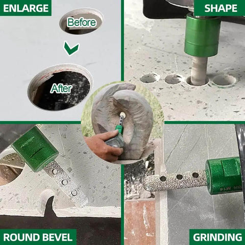 Pro Grade Diamond Core Drill Bits Kit For Tile And Stone with 6-65 mm holes, beveling chamfer and milling bit in use