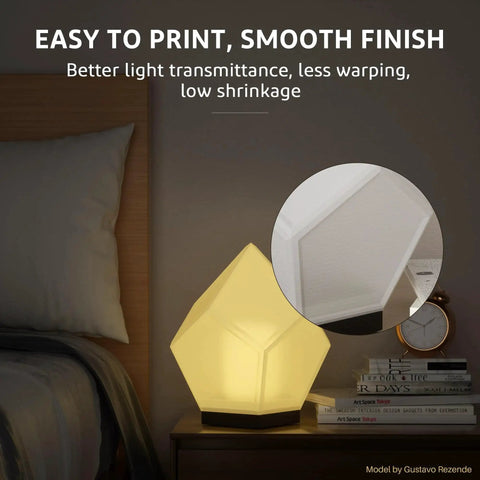 Decorative lamp on nightstand beside bed with glowing smooth finish, emphasizing light transmittance and easy print features.