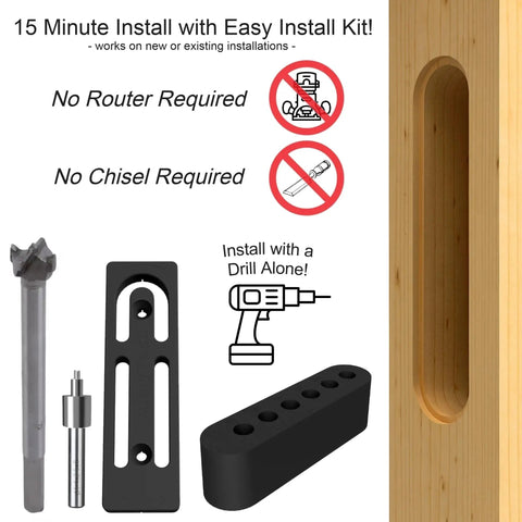 Pocket Door Pull Swivel Handle With Concealed Hardware And Quick Install Kit In Black Finish, no router or chisel needed, wooden door inset.