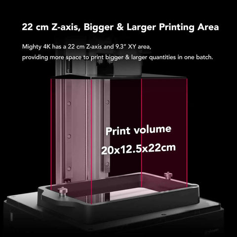 Sonic Mighty 4K Resin 3D Printer With Monochrome 9.3 Inch LCD, shows larger printing area and Z-axis for miniatures, build volume 20x12.5x22cm