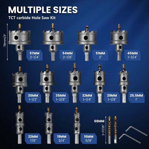 16 Piece Heavy Duty Carbide Hole Saw Kit With Titanium Plated TCT Bits for Metal Wood Plastic Iron, multiple sizes displayed