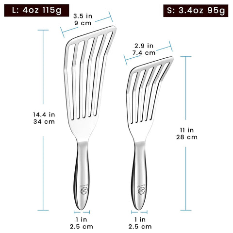 Ultra Thin Edge Stainless Steel Spatula Set With Large Fish Turner And Small Slotted Spatula, dimensions visible.